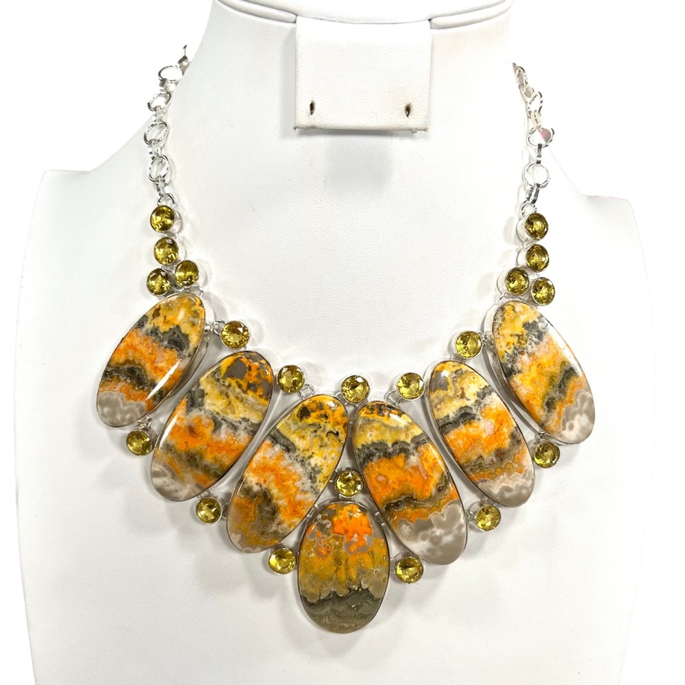 Bumble Bee Jasper 925 Overlay Gemstone Large Necklace